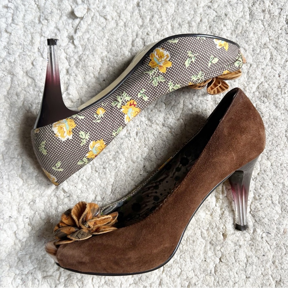 Poetic License Summerbloom Brown and Floral Peep Toe Heels Size 37